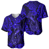 Navy/blue Polynesian floral and wave baseball jersey, angled front view