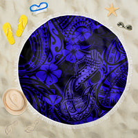 Round navy Polynesian fish hook blanket with fringe edge, full pattern view