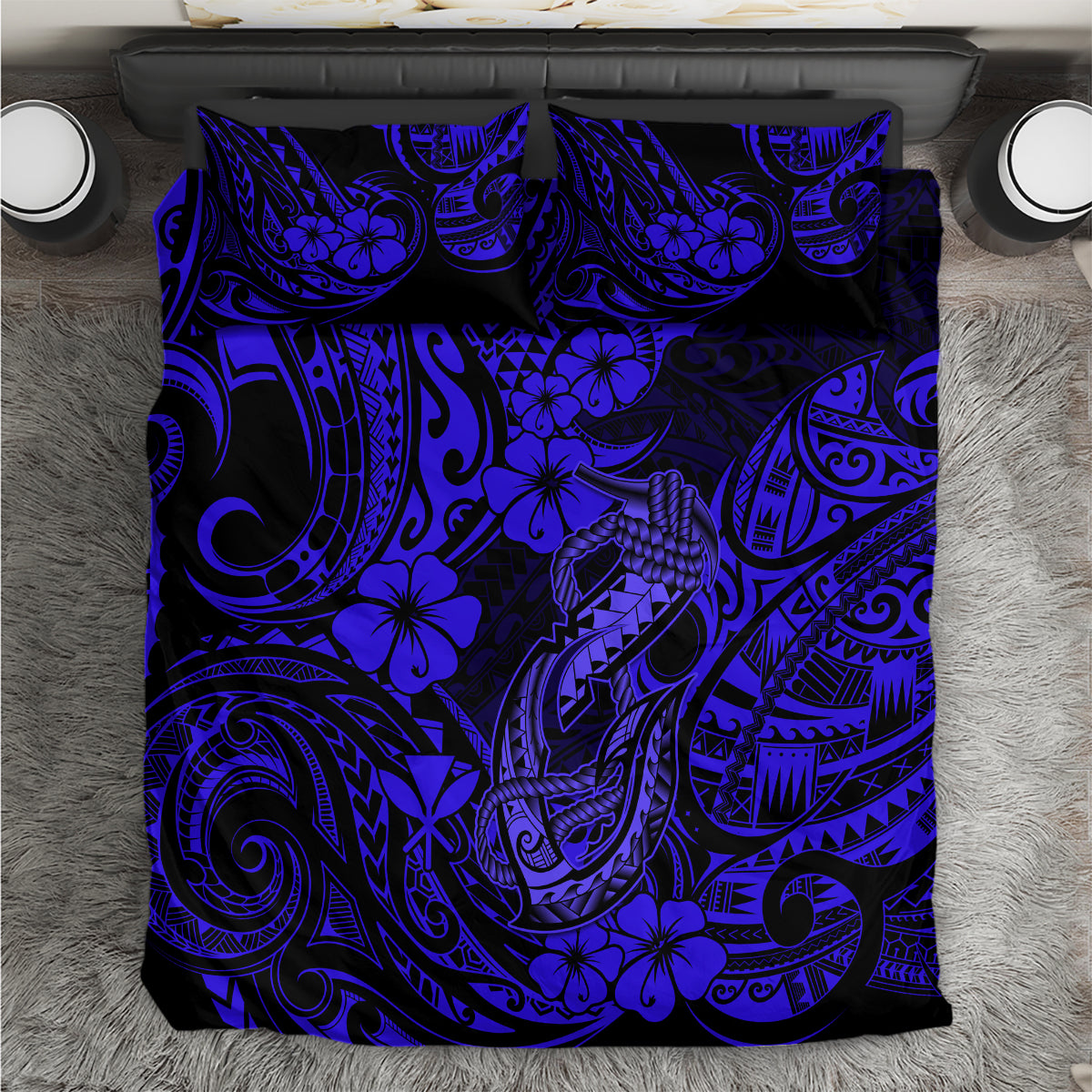 Navy blue bedding set with Polynesian fish hook and floral tribal pattern