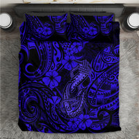 Navy blue bedding set with Polynesian fish hook and floral tribal pattern