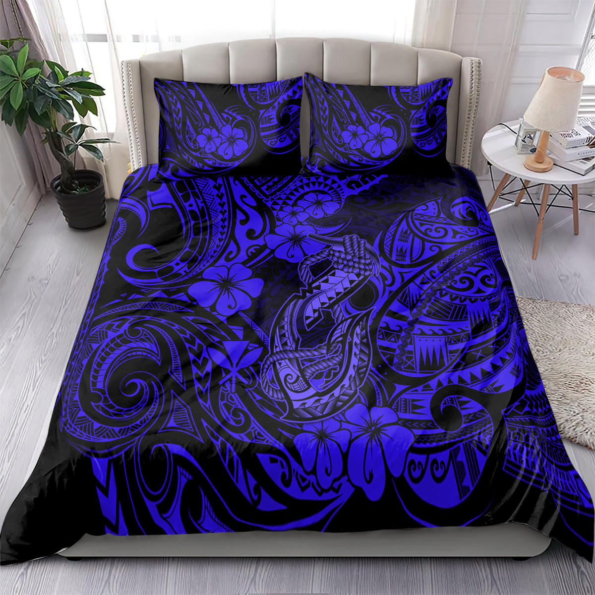 Navy blue comforter bedding set with matching Polynesian fish hook tribal pattern