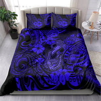 Navy blue comforter bedding set with matching Polynesian fish hook tribal pattern