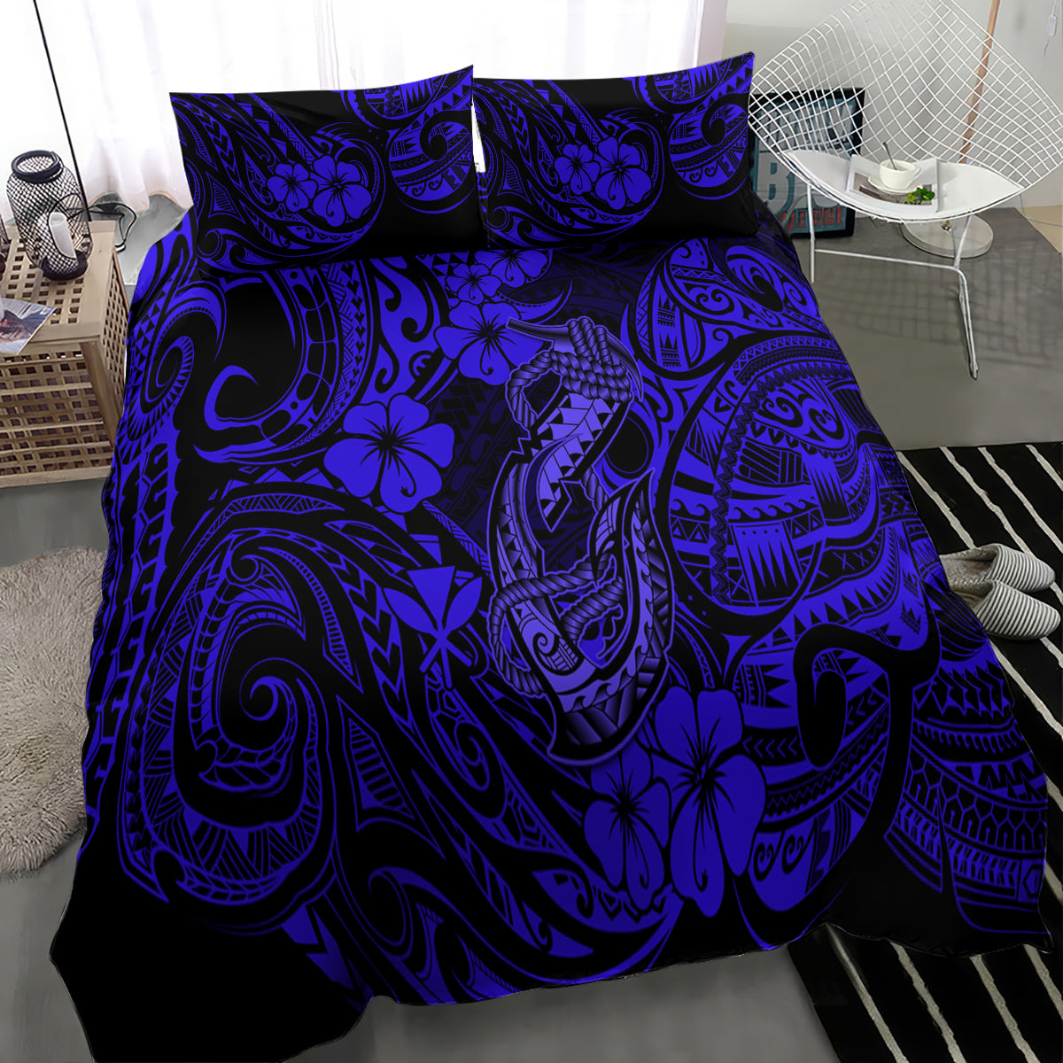 Navy blue bedding set with Polynesian fish hook, hibiscus, and swirl tribal pattern