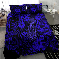 Navy blue bedding set with Polynesian fish hook, hibiscus, and swirl tribal pattern