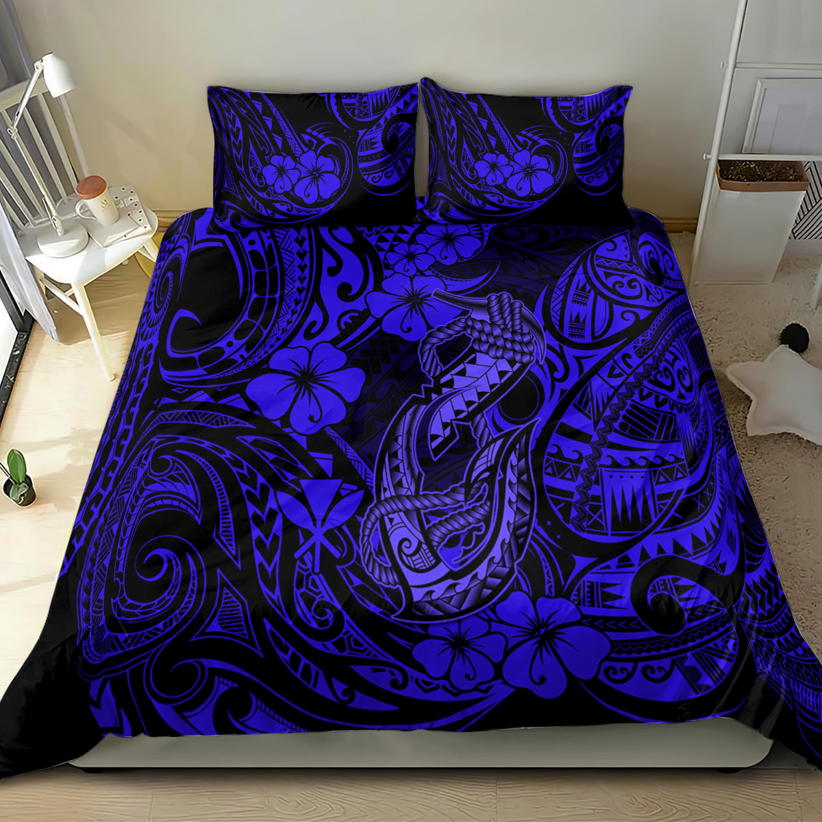 Navy blue bedding set with Polynesian fish hook and hibiscus tribal pattern