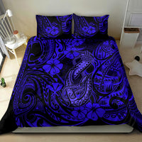 Navy blue bedding set with Polynesian fish hook and hibiscus tribal pattern