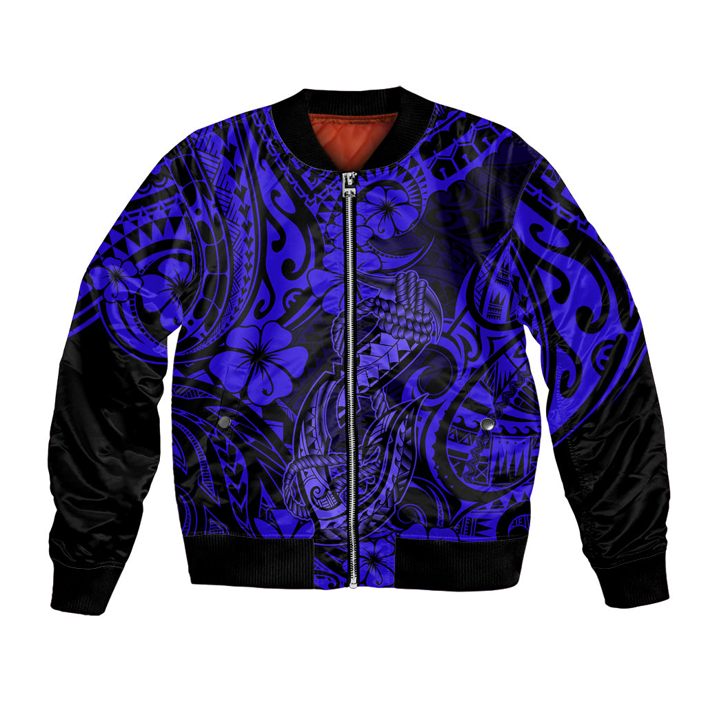 Navy bomber jacket with blue Polynesian fish hook pattern, full zip, black sleeves