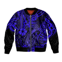 Navy bomber jacket with blue Polynesian fish hook pattern, full zip, black sleeves