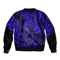 Bomber jacket with bold blue Polynesian fish hook print, ribbed hem and black sleeves