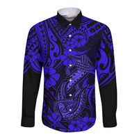 Navy long-sleeve button shirt with blue Polynesian fish hook and hibiscus pattern