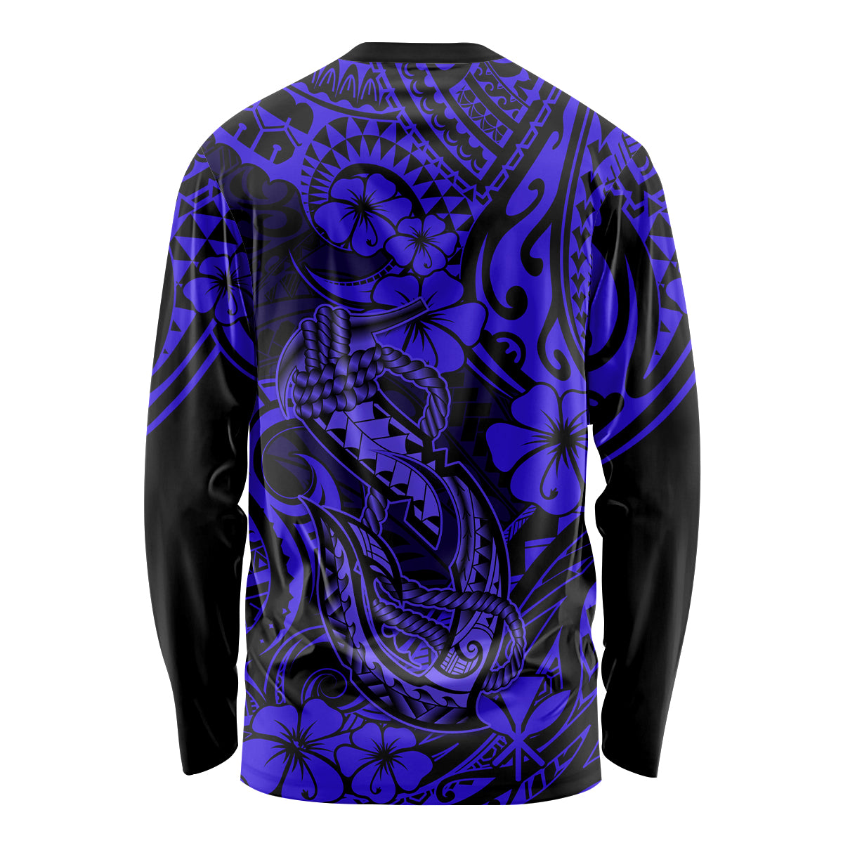 Unisex long sleeve shirt in dark navy with blue Polynesian fish hook and flower print