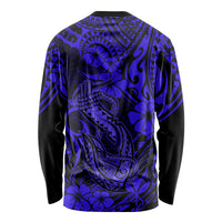 Unisex long sleeve shirt in dark navy with blue Polynesian fish hook and flower print