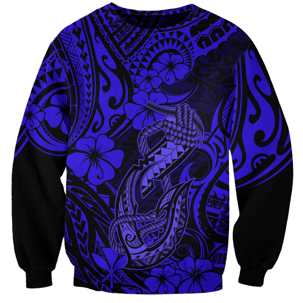 Navy crewneck sweatshirt with all-over blue Polynesian fish hook pattern, long sleeves