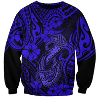 Navy crewneck sweatshirt with all-over blue Polynesian fish hook pattern, long sleeves