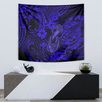 Navy blue Polynesian fish hook tapestry with dense swirls and hibiscus flower motifs