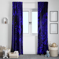 Two navy blue patterned curtain panels framing a doorway