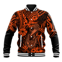 Orange and black baseball jacket with Polynesian fish hook graphic, striped ribbed collar and cuffs