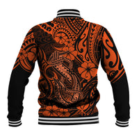 Orange and black baseball jacket, back view with Polynesian fish hook graphic and striped ribbed hem