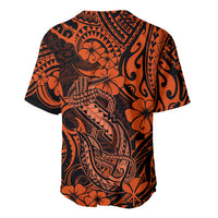 Orange and black baseball jersey, back view with Polynesian tiki and floral pattern