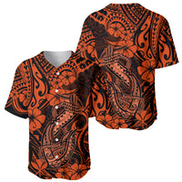 Orange and black baseball jersey in side angle with Polynesian fish hook and floral print