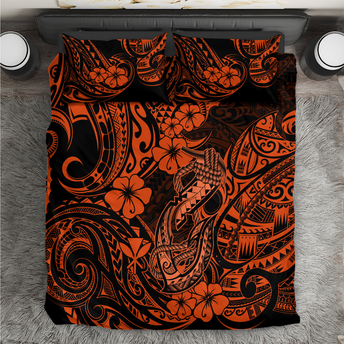 Orange and black Polynesian pattern bedding set with matching pillowcases