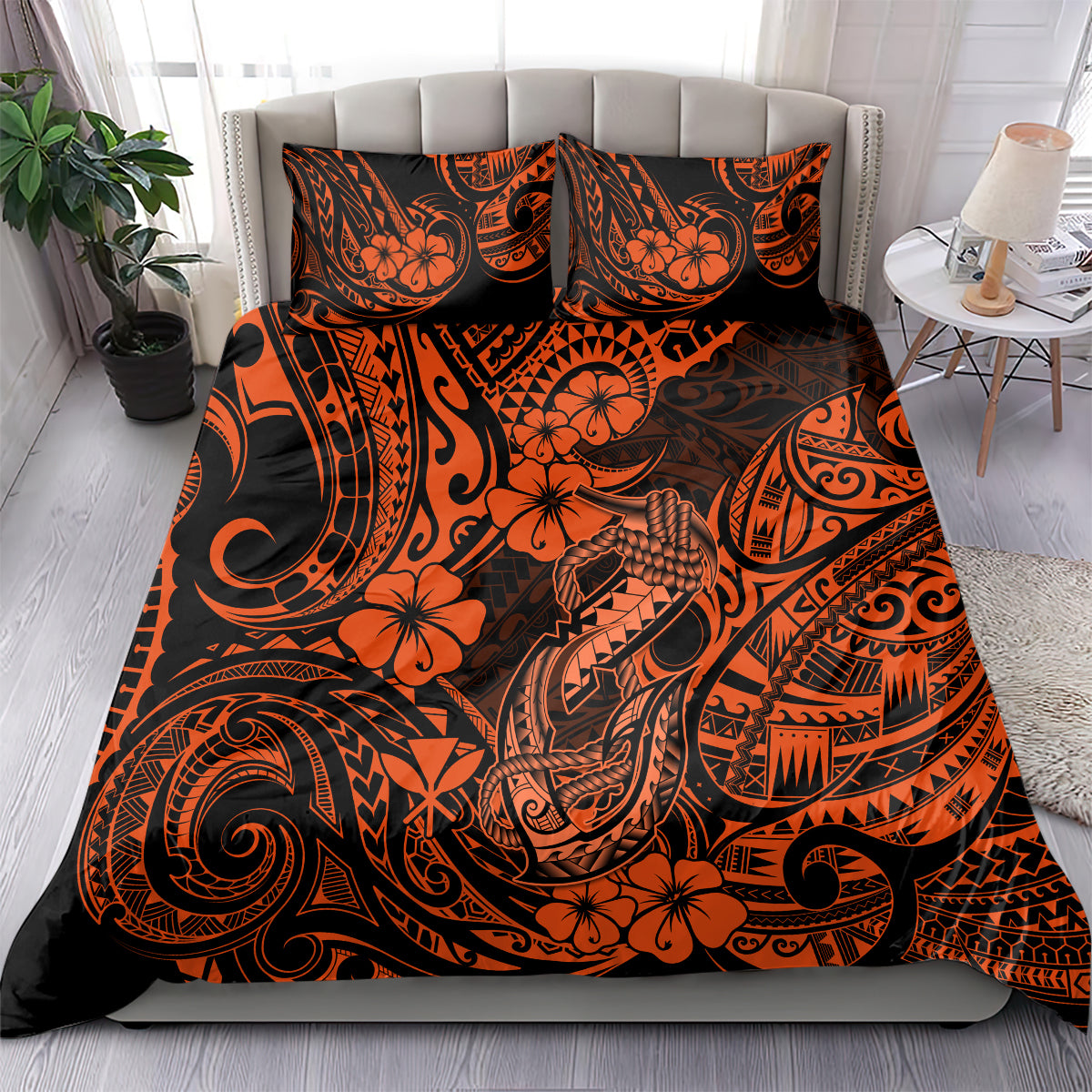 Orange and black Polynesian pattern duvet set with two pillowcases