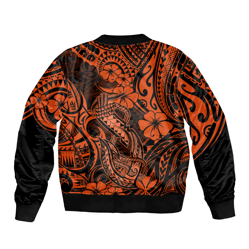 Orange bomber jacket with black sleeves, ribbed hem, Polynesian fish hook back pattern
