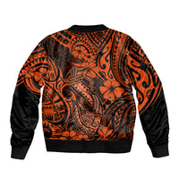 Orange bomber jacket with black sleeves, ribbed hem, Polynesian fish hook back pattern