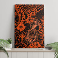 Orange canvas wall art with black tribal fish hook and hibiscus motifs