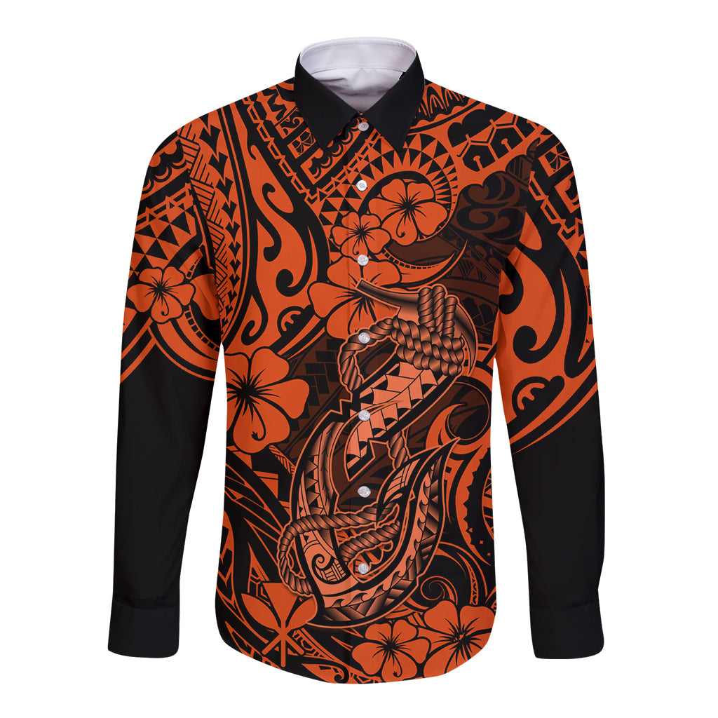 Long-sleeve button shirt with orange and black Polynesian fish hook pattern, front view