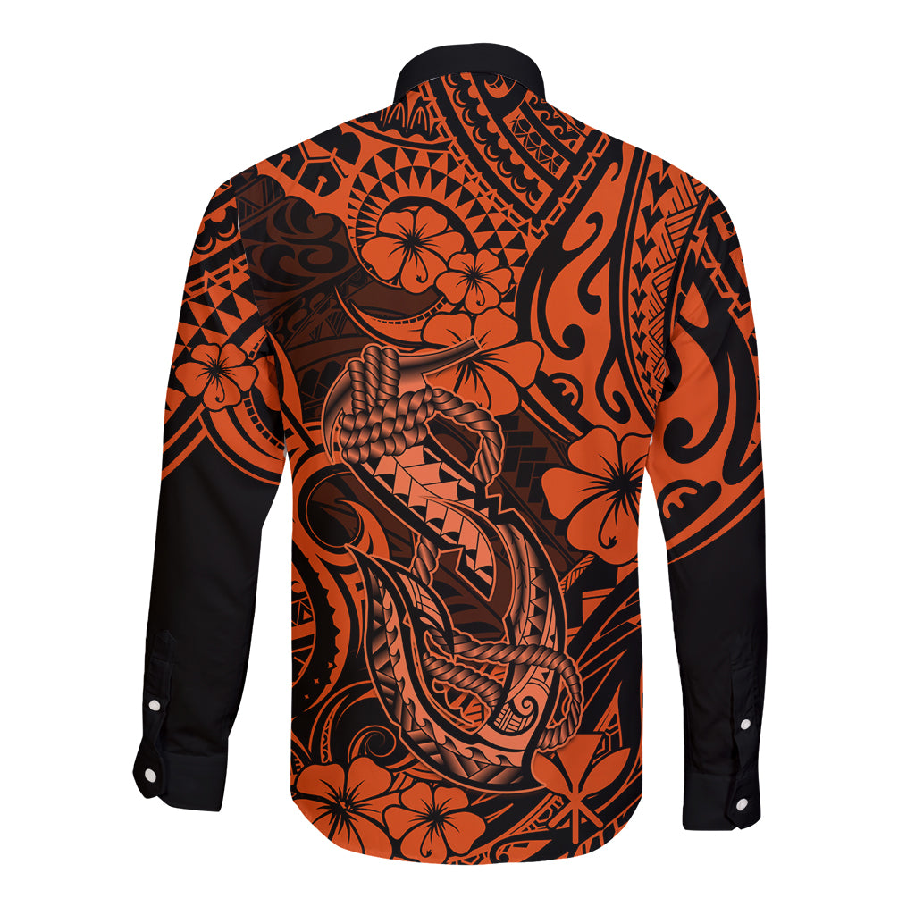 Long-sleeve button shirt with orange and black Polynesian fish hook pattern, back view