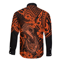 Long-sleeve button shirt with orange and black Polynesian fish hook pattern, back view