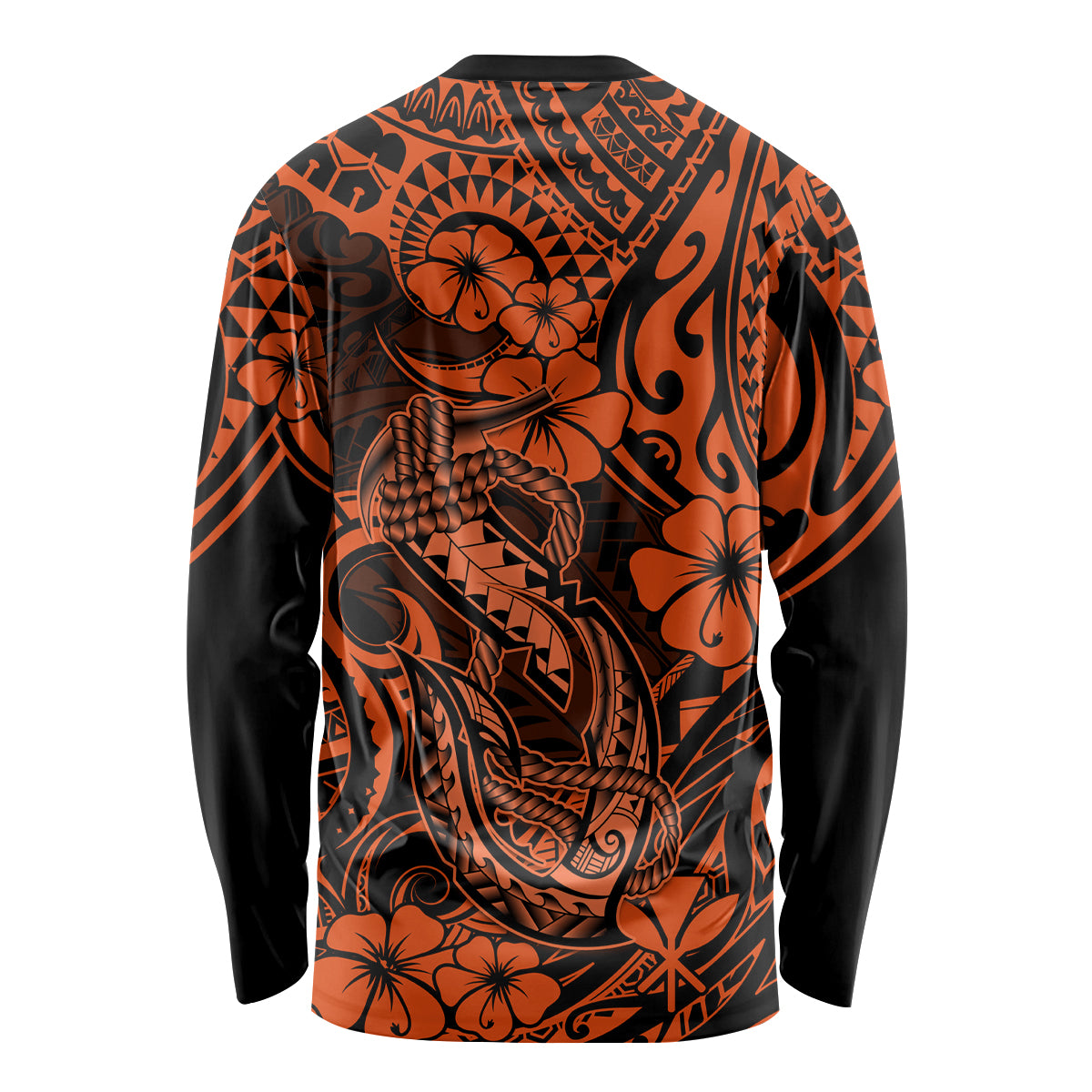 Orange long-sleeve shirt with black Polynesian fish hook pattern on back, crew neck