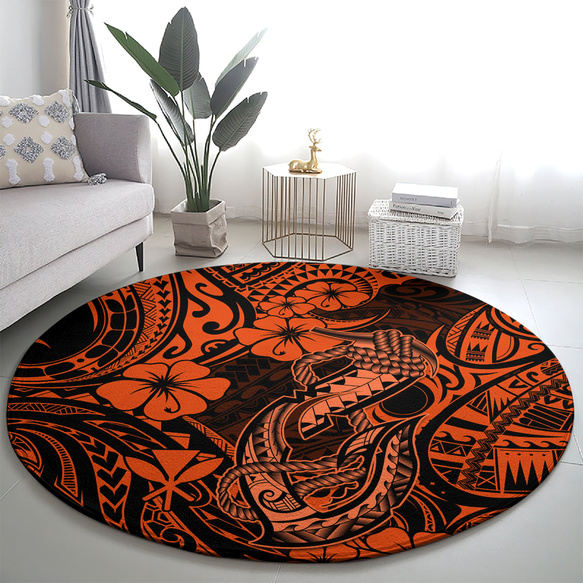 Orange round carpet featuring Polynesian fish hook pattern with floral and tribal details.