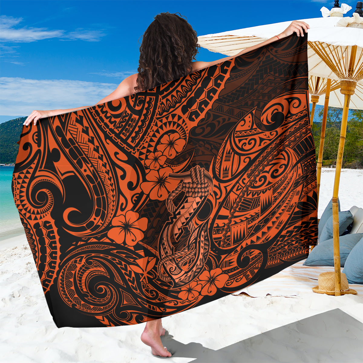 Hawaii Fish Hook Sarong Polynesian Pattern Orange Version LT01