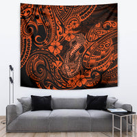Orange and black Polynesian fish-hook tapestry with swirling motifs and flowers