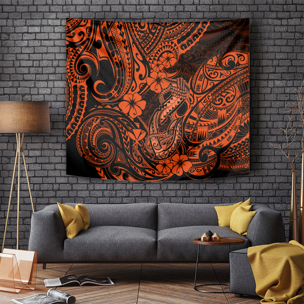 Orange and black Polynesian fish-hook wall tapestry with swirling designs and flowers