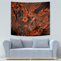 Orange and black Polynesian fish-hook tapestry with swirling tribal patterns and flowers