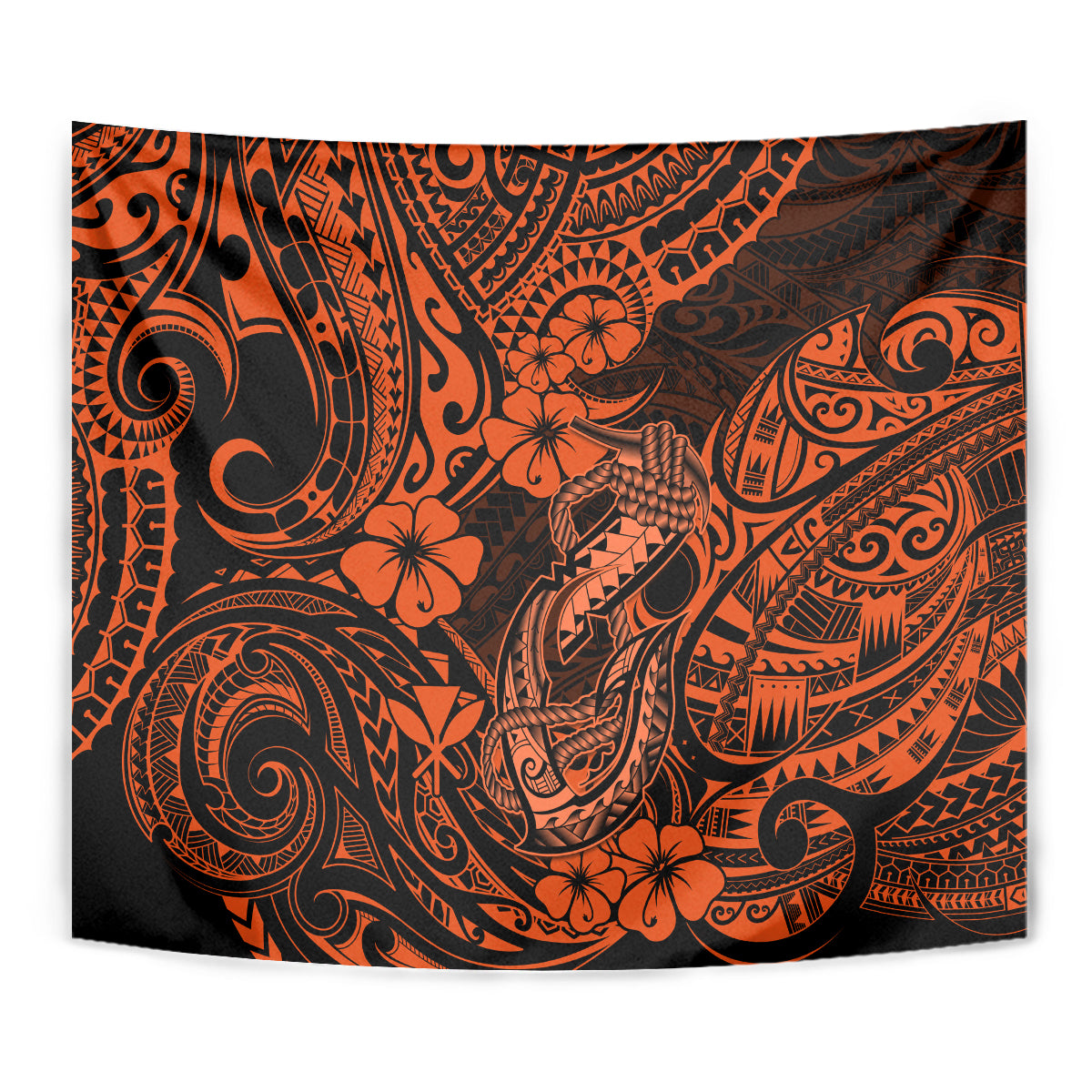 Orange and black Polynesian fish-hook tapestry shown full view with floral swirls