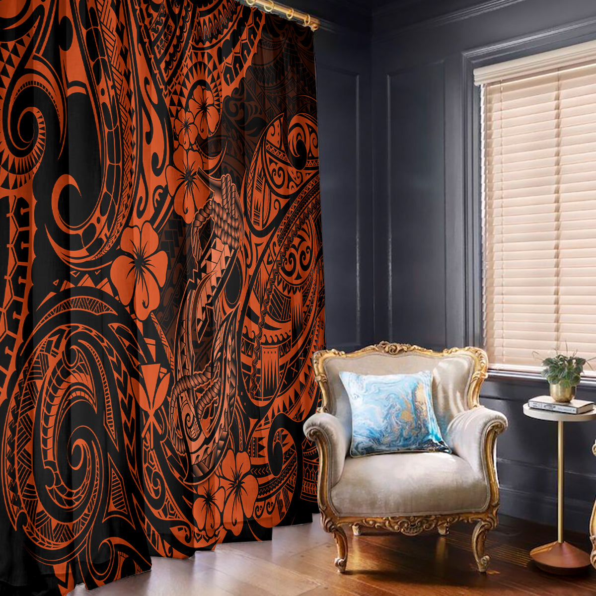 Orange and black Polynesian patterned curtain panel with bold tiki-style motifs