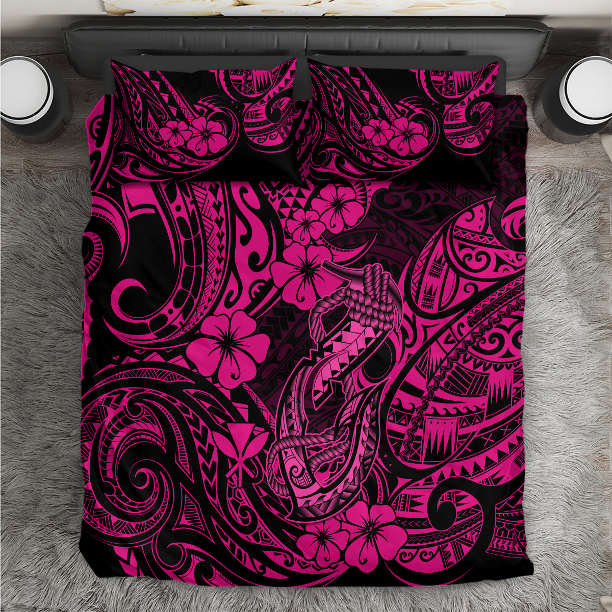 Pink and black hibiscus tribal tattoo bedding set, decorative pattern on cover