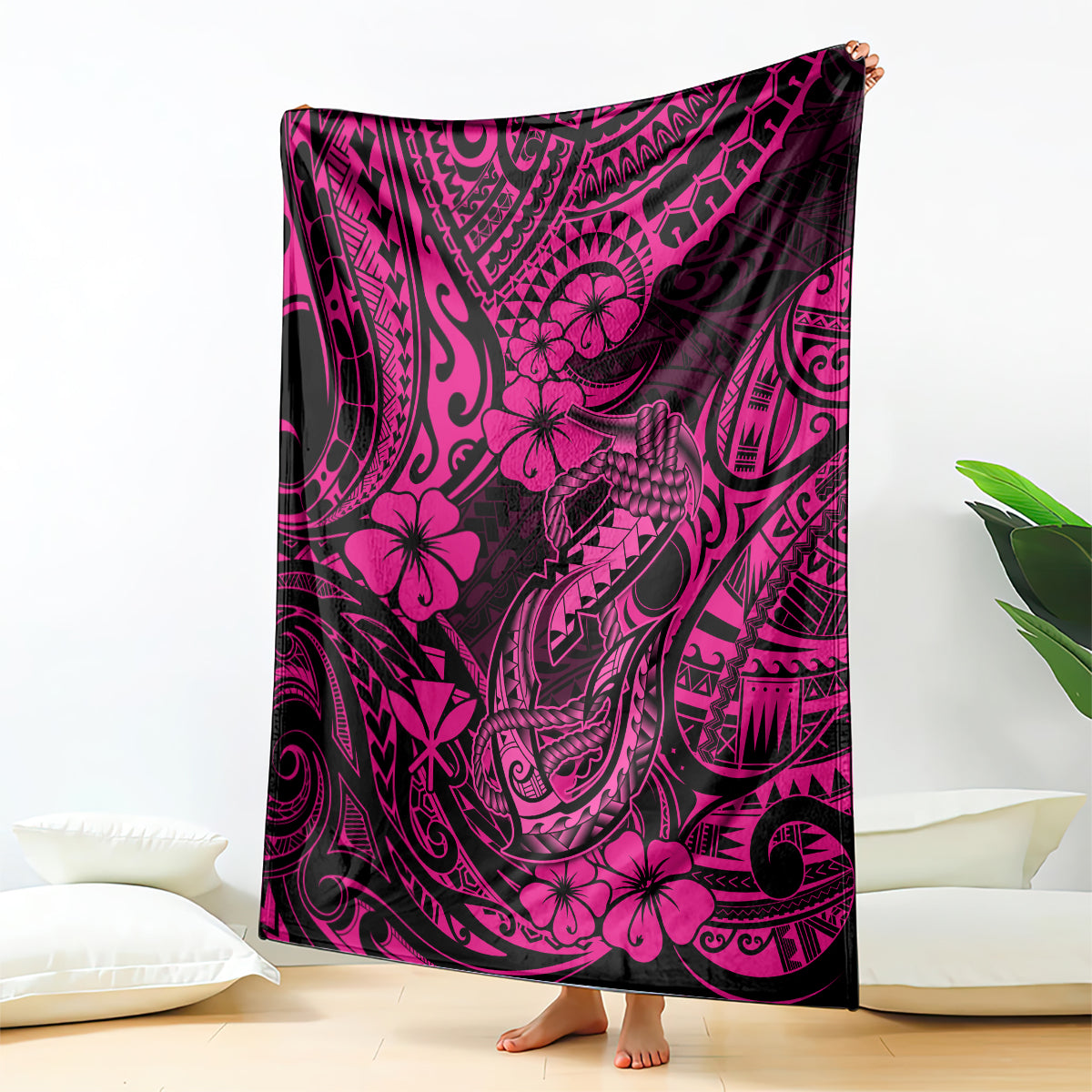 hawaii-fish-hook-blanket-hibiscus-hawaii-tribal-tattoo-pink-version