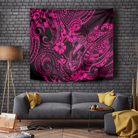 Pink and black tribal hibiscus tapestry with fish hook style ornament design