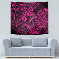 Pink and black hibiscus tribal tapestry with decorative swirls and floral accents