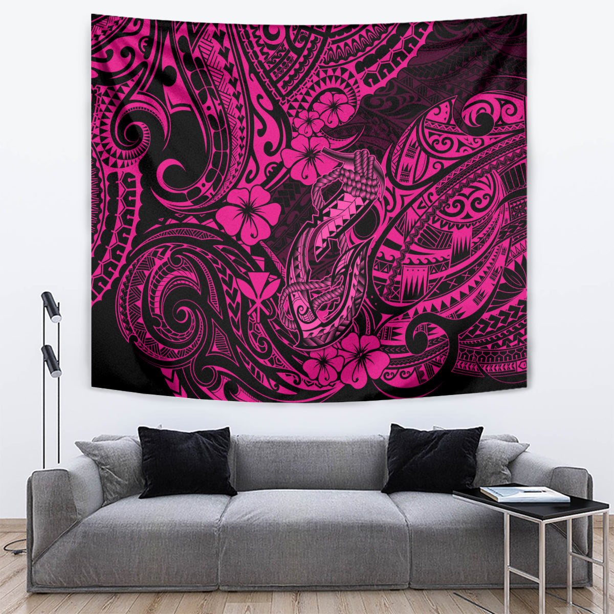 Pink and black tattoo-style tribal tapestry with hibiscus flowers and fish hook elements