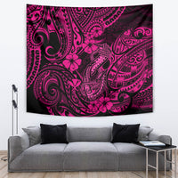 Pink and black tattoo-style tribal tapestry with hibiscus flowers and fish hook elements