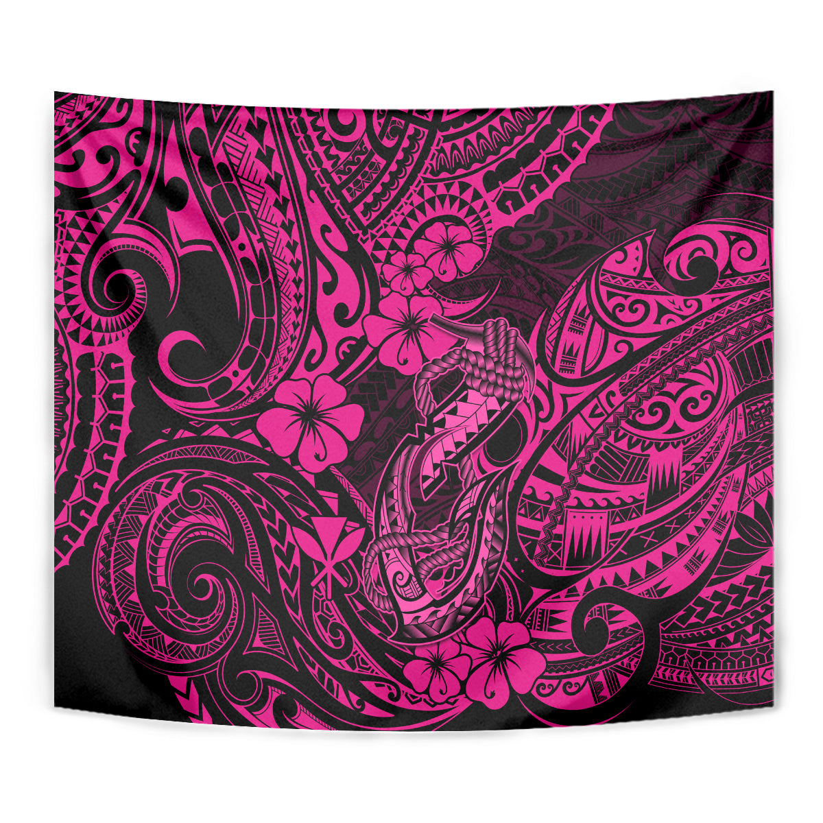 Close-up pink and black tribal tapestry with hibiscus blossoms and ornate swirls
