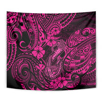 Close-up pink and black tribal tapestry with hibiscus blossoms and ornate swirls
