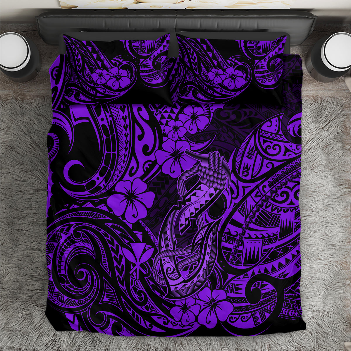 Purple Hawaiian bedding set with tribal tiki fish hook and hibiscus pattern