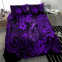 Purple Hawaiian comforter bedding set with hibiscus and tribal tiki fish hook motifs